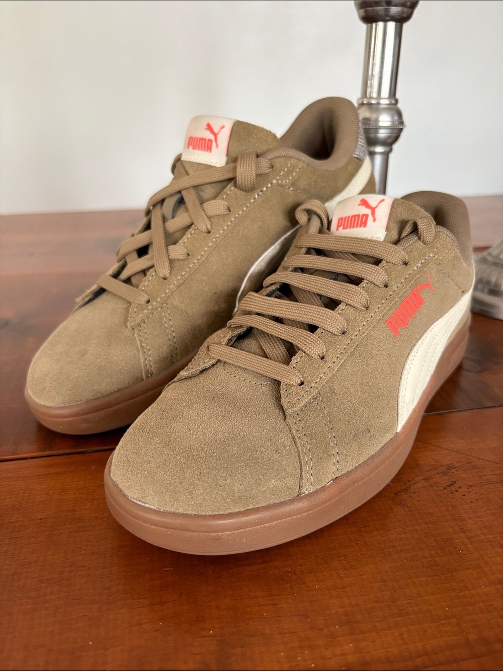Puma Men's Suede Sneakers in Brown with Cream Stripe and Orange Logo